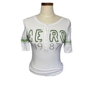 Y2K Aeropostale White Henley Tee Women’s Small – Green Embroidery Stretch